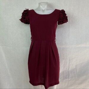 Esley Maroon Body Con Little Party Ruffle Capped Sleeve Dress Size S